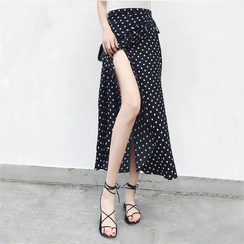 Женская юбка с высокой талией трапециевидная в горошек оборками длинная до