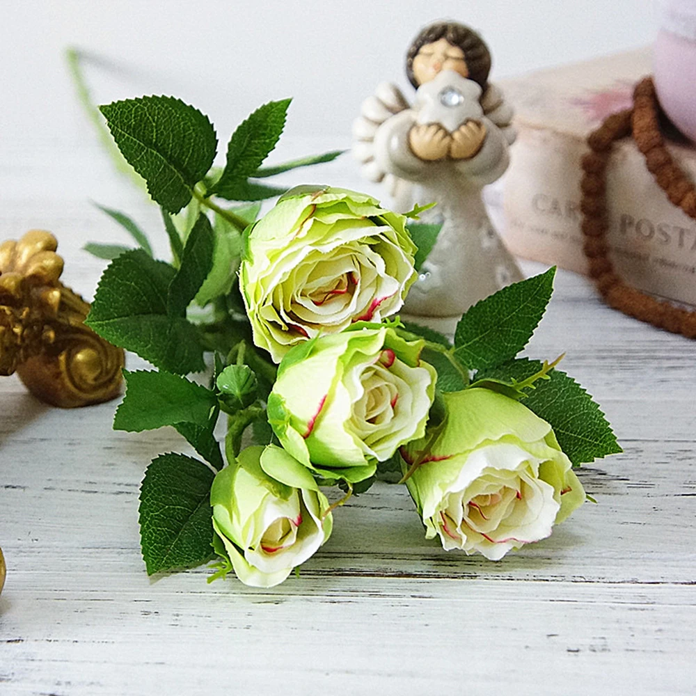 

4 Heads Artificial Flowers Long Stem Wedding Decoration Silk Rose Fake Flowers Plastic Branches with Leaves Home Hotel Decor