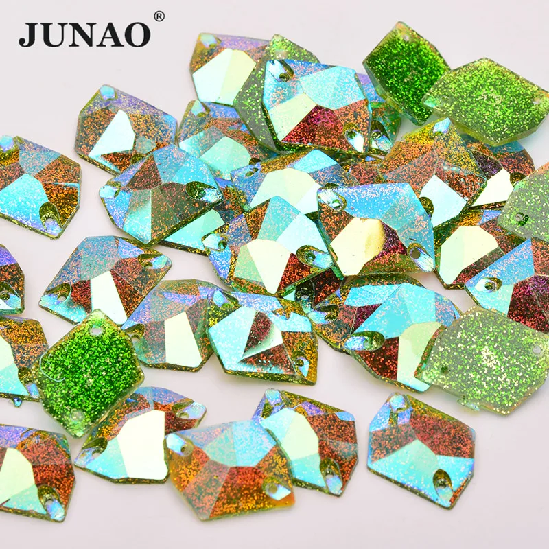 JUNAO 16*20mm Glitter Green AB Crystal Sewing Resin Rhinestone Applique Sew On Strass Flat Back Gems For Crafts Supplies | Дом и сад