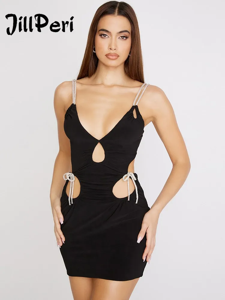 

Женское платье со стразами Zestuff, сексуальное черное платье с вырезами и V-образным вырезом, Свадебная вечеринка, клубное мини-платье