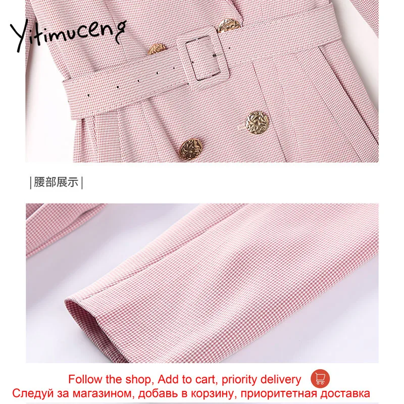 

Yitimuceng Bird Lattice Pleated Sashes Dresses Women Mini Solid Pink Spring 2021 Notched Double Breasted Korean Office Lady New