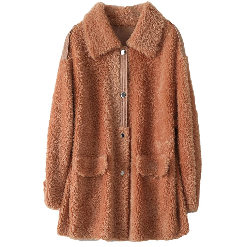 Winter Women's Top Coat Mid-Length Single Breasted Wool Sheep Shearing Lapel Long Sleeves Warm Ladies Fur Jacket Casual Fashion