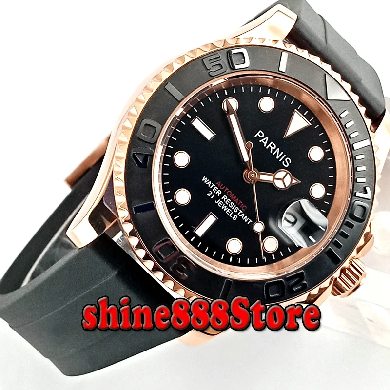 Мужские часы с черным циферблатом Parnis 41 мм сапфировое стекло со светящимися