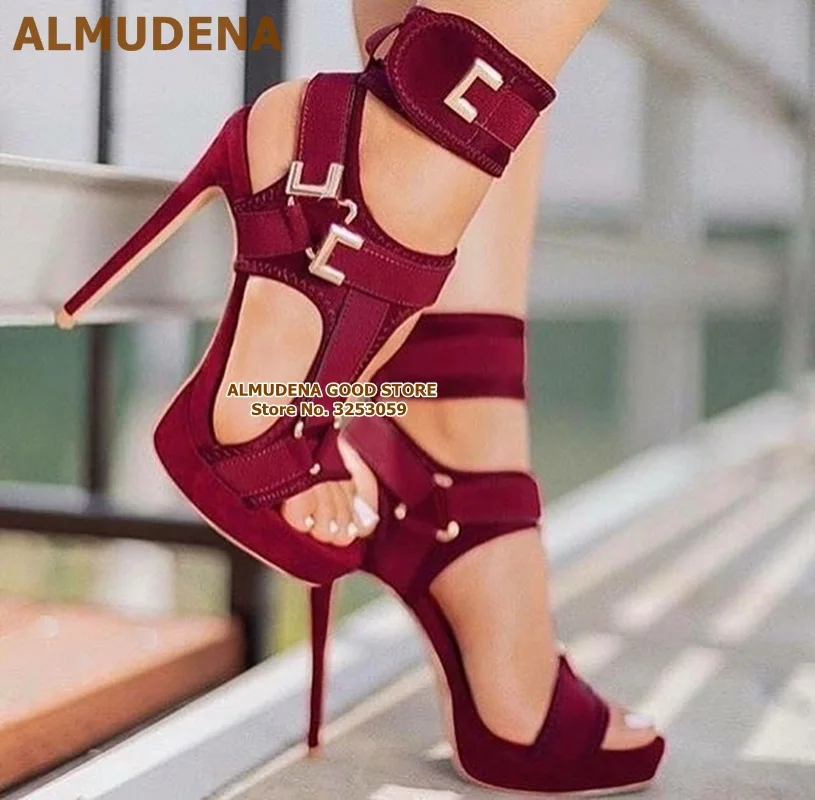 wine red as picture ALMUDENA/новейшая модель; Босоножки на платформе с ремешком и пряжкой; цвет желтый, розовый; гладиаторские туфли для вечеринки на платформе; модельные туфли-лодочки с вырезами и металлическими украшениями - Цвет: wine red as picture