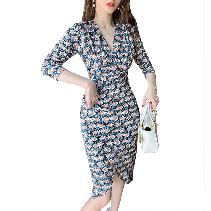 

New Za Women Dress Elegant Slim-Fit Printed Dress Young Style Long Skirt Women Dress Floral V-Neck Long Sleeve Spring Lady Dress