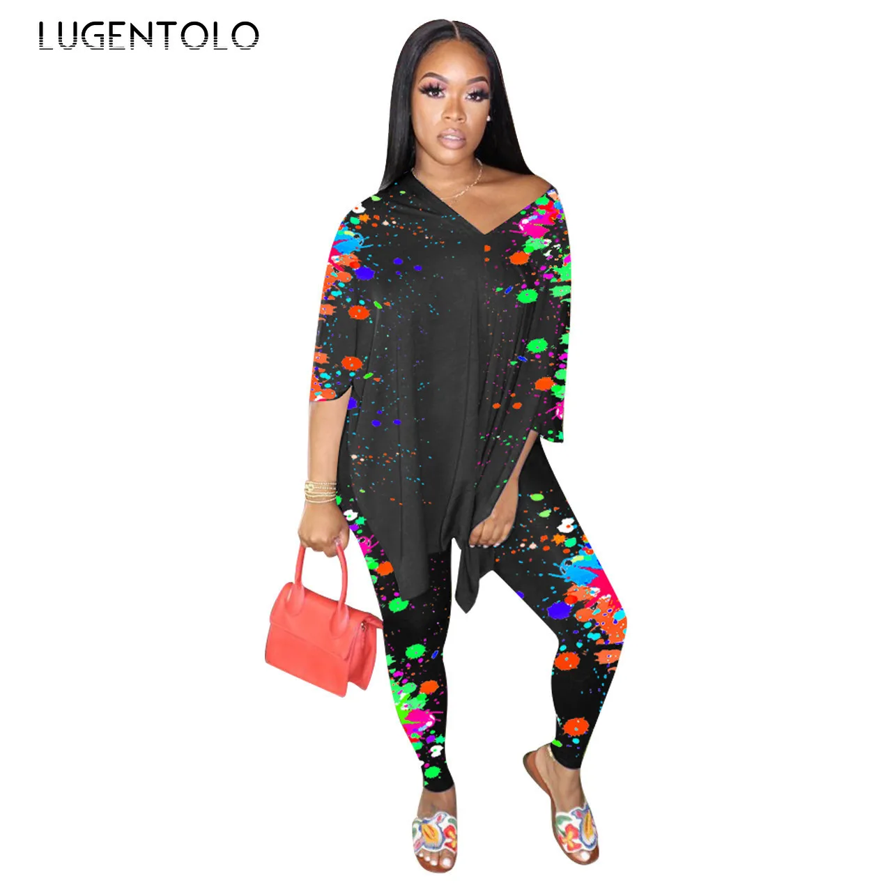 

Lugentolo Women 2 Piece Set Loose V-neck Print Three Quarter Sleeve Casual Split Tops Long Pencil Pants Fashion Lady Casual Sets