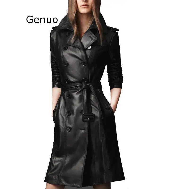 

Spring Autumn Black Double-breasted Faux Pu Leather Trench Coat Waistband Women Full Sleeve Trench Europe Style Pu OverCoat