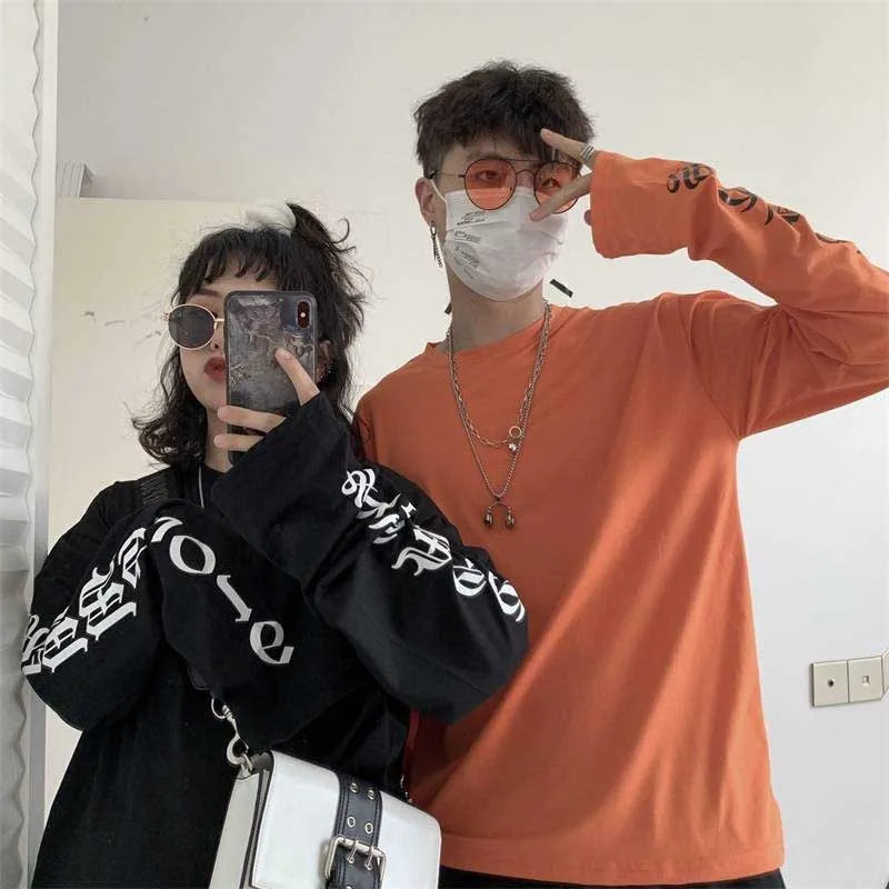 

Harajuku в Корейском стиле футболки для пар футболка одежда для прогулок, классный в стиле «хип-хоп» Детские футболки с длинными рукавами на осе...