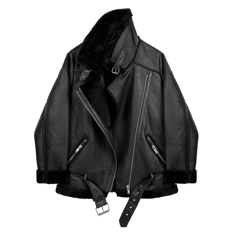 

Winter Women Sheepskin Jackets Fur Collar Zipper Parka Warm Thick Outerwear Faux Lamb Leather Jacket Oversized Coat