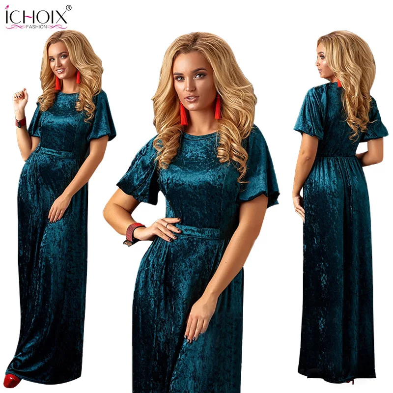 Женское длинное бархатное платье ICHOIX зеленое в пол сексуальное облегающее