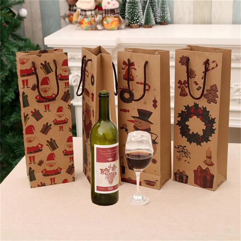 Рождественские Многоразовые бумажные подарочные пакеты для бутылок вина