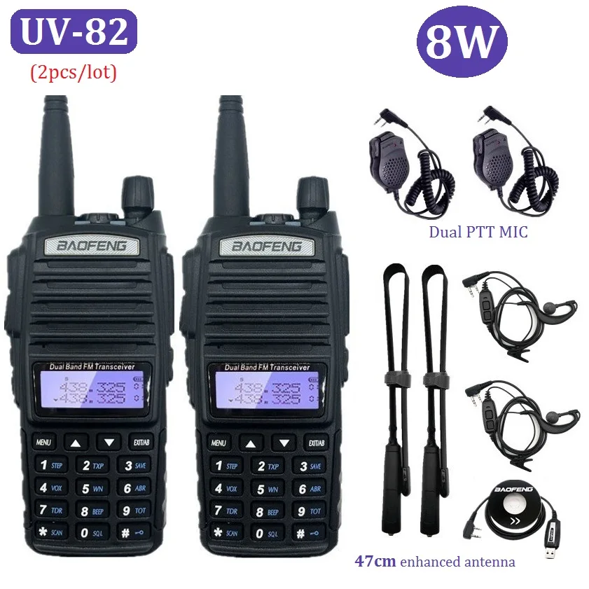 

2pcs/set Walkie Talkie 8W Baofeng UV 82 Portable Two Way Radio Transceiver vhf/uhf Ham CB Radio Station UV82 Plus for Hunting