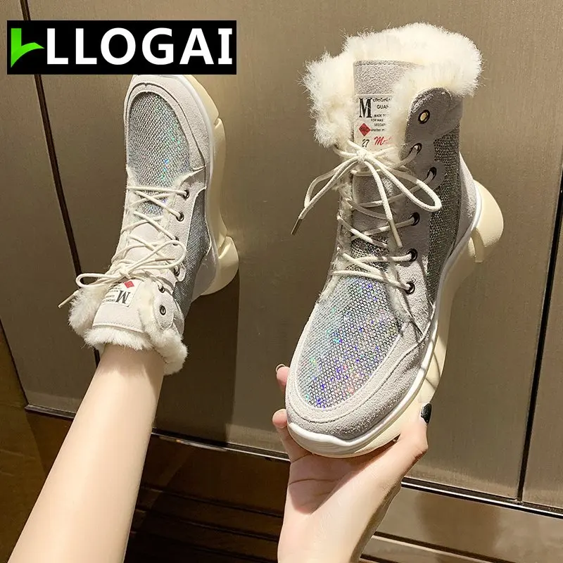 

2021 Chunky Sole Boots Women Platform Height Increasing Winter Bling Sequined Furry Shoes Plush Warm Snow Boots Zapatos Mujer