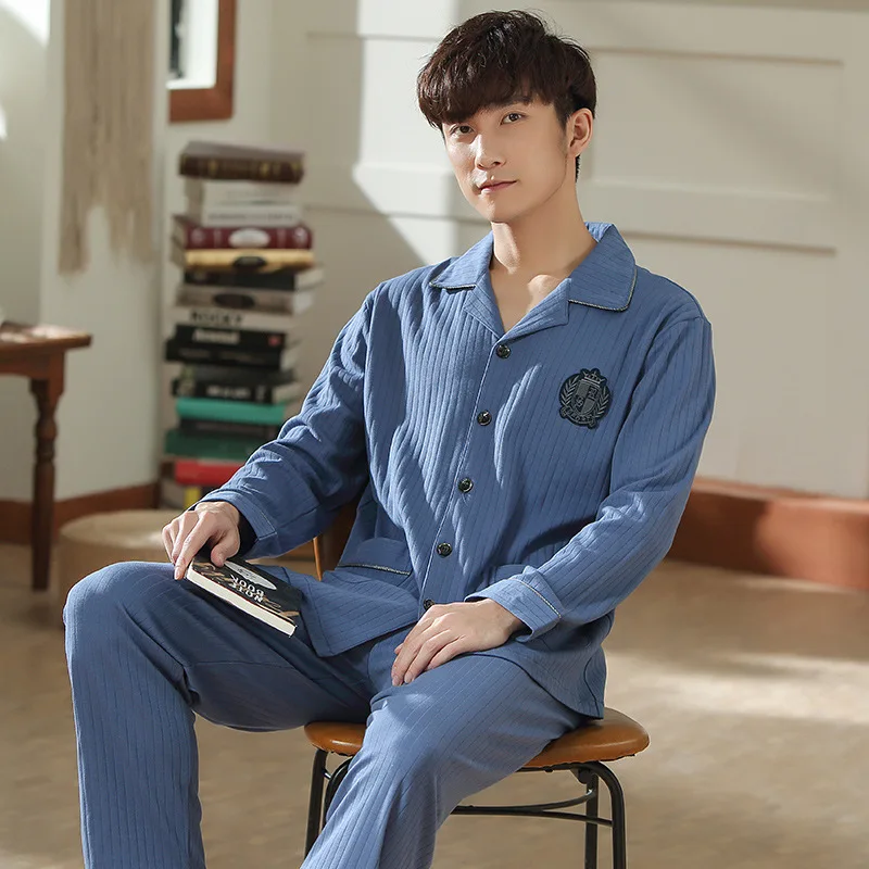 

Autumn Pajamas Cotton Men 2PCS Pijamas Suit Nightwear Casual Loose Shirt&pant Sleepwear Long Sleeve Sleep Set Home Clothes 3XL