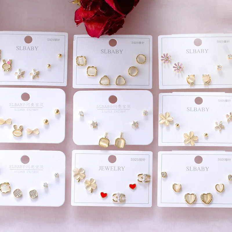 

925 Silver Earrings 6Pcs/Set Women Stud Earrings Flower Pearl Rhinestone Earrings Set For Girls 2021 Trend Jewelry Gift