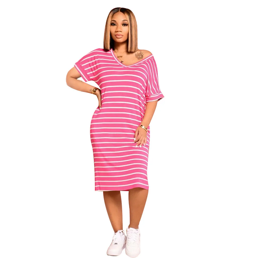 

RStylish 2021 New Fashion Women Casual Striped Print Dress Summer Female V Neck Short Sleeve Loose-Fitting T-Shirt Midi Dresses