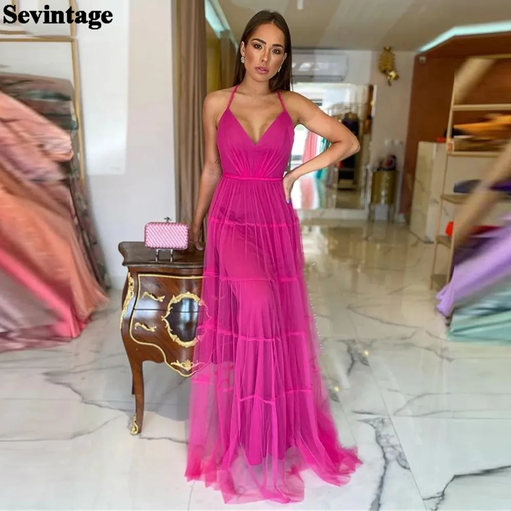 

Sevintage Beach V-Neck Prom Dresses Halter Straps Open Back Evening Gowns Soft Tulle Long Wedding Party Dress 2021 Custom Made
