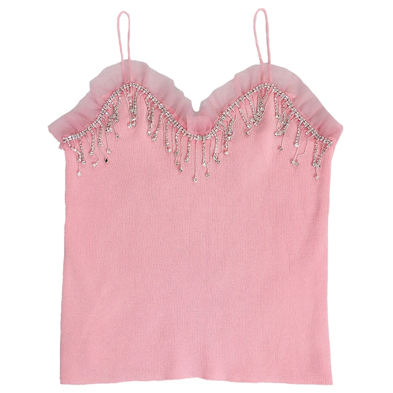 Женский топ на бретельках трикотажная Облегающая майка со стразами и кисточками