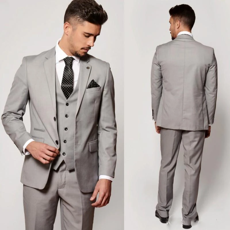 

Light Grey Two Button Three Pieces Men Wedding Suits Custom Made Latest Coat Pant Designs Groom Tuxedo Formal Business Wear