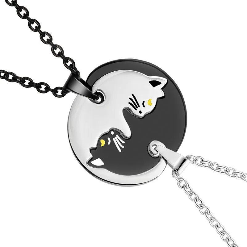 Silver Black 33x35mm Дружба украшения для влюбленных подарки набор из 2 Инь Ян кошка подвески ожерелье из нержавеющей стали Блокировка как головоломка - Окраска металла: Silver Black 33x35mm