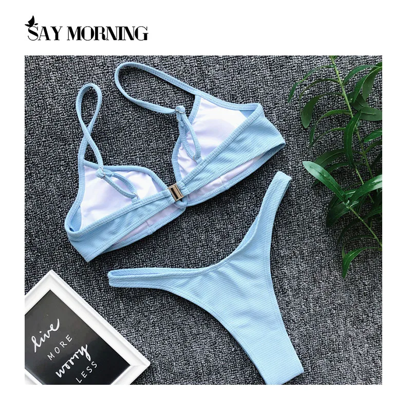 Комплект бикини с V-образным вырезом и открытой спиной однотонный лето 2021 |