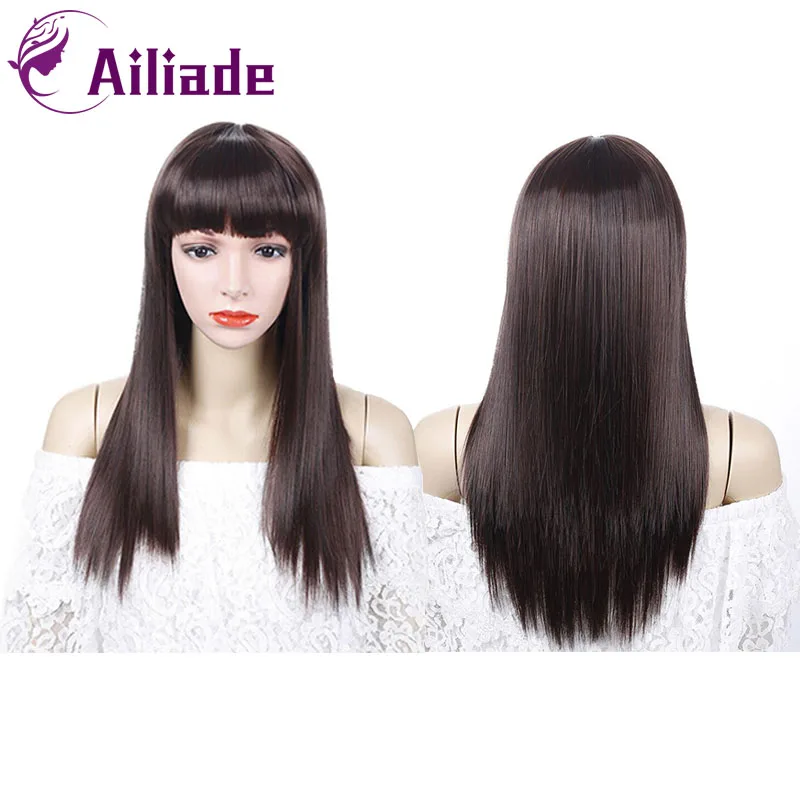 AILIADE 25CM Synthetic Long Straight Natural Hair Wigs With Bangs Womens African American Dark Brown Clearance Sale | Шиньоны и парики