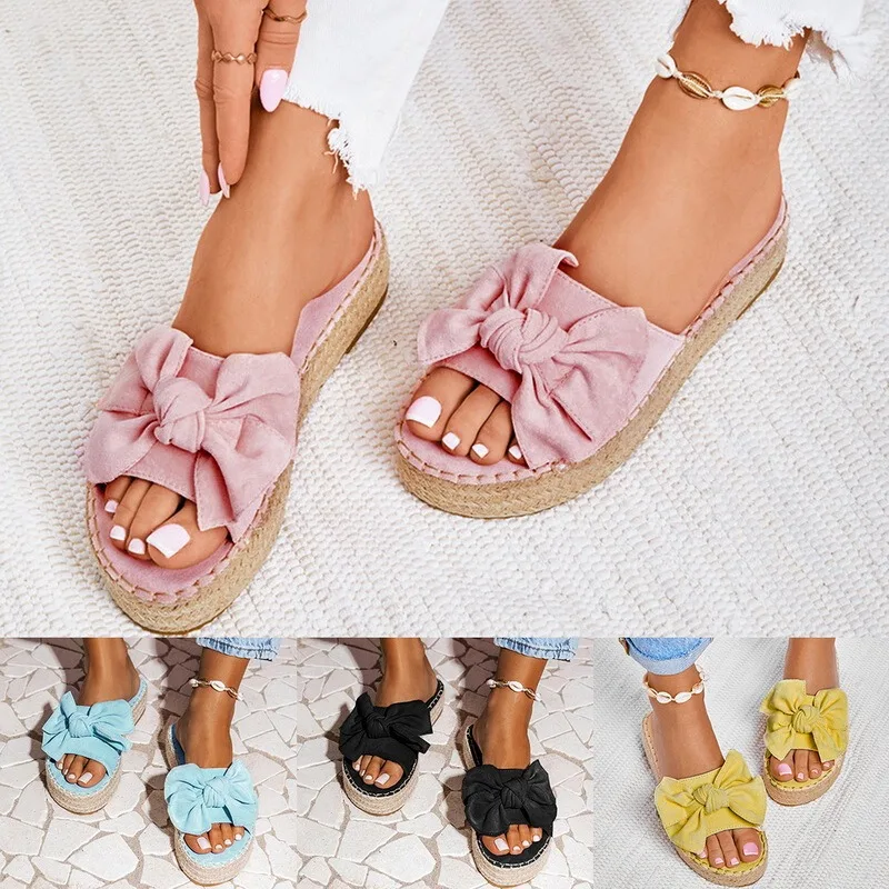 

2021 Summer Women Bowknot Slippers Casual Beach Muffin Slip On Platform Ladies Sandals Dress Party Peep Toe Female Sandals