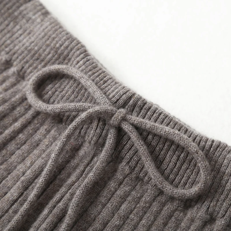 100% Wool Ribbed Knitted Loose Pants Hem Split Full Length All-match Long Trousers Wide Leg Soft Finewool Women Winter Must Have