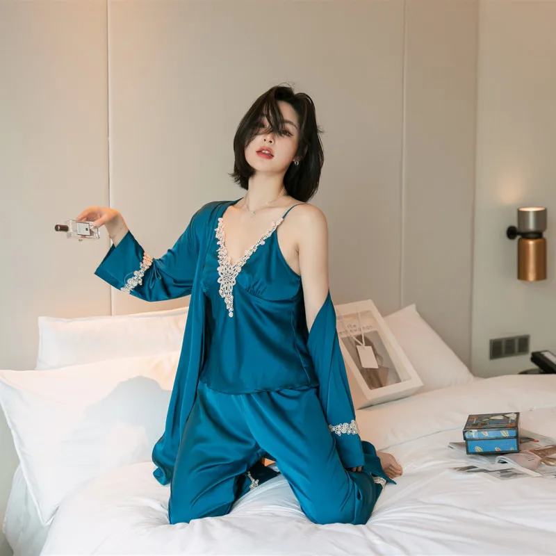 

3PCS Peacock Blue Women Pajamas Sets Sexy Lace Floral Rayon Pyjamas Sleepwear Casual Home Clothes Lingerie Summer Nightwear