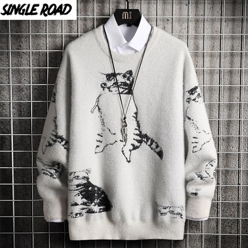 

SingleRoad Oversized Mens Knitted Sweater Men 2021 Winter Cat Sweaters Pullover Jumper Hip Hop Harajuku Korean White Sweater Men