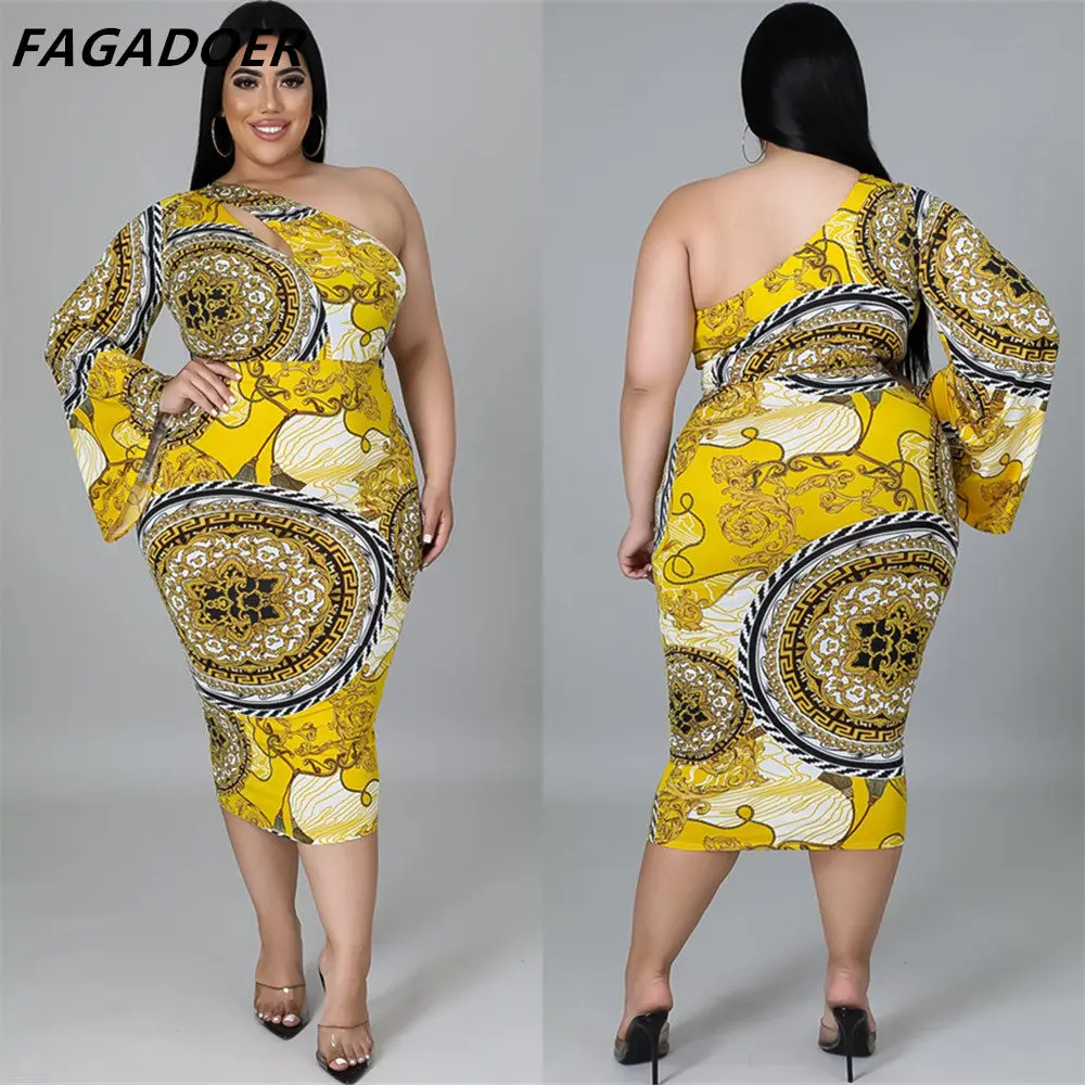 

FAGADOER Plus Size Bodycon Dress Women XL-5XL Summer Elegant Retro Print Midi Dresses Sexy One Shoulder Hollow Out Vestidos