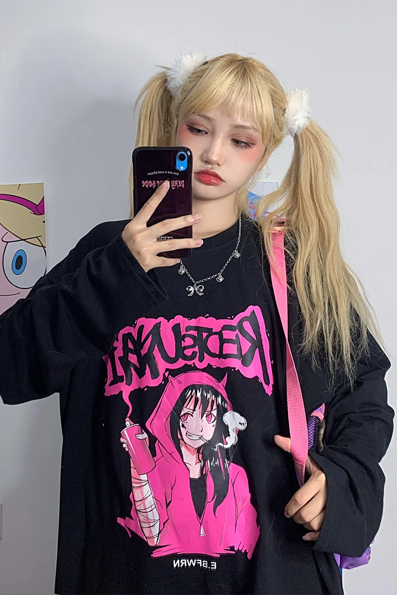 

Autumn Women's Gothic T-shirts Harajuku Cartoon Girl Printing Punk Versatile Bottom Tshirts Loose Long Sleeve T-shirt Student