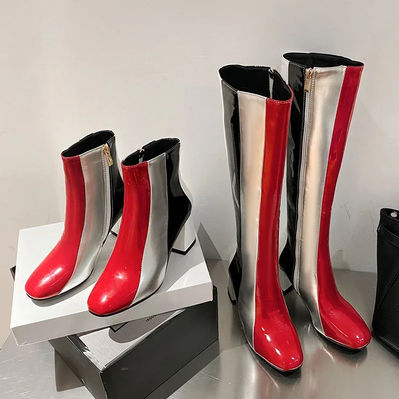 

retro colorful boots pattern PU leather high square heel zipper boots women colorful autumn winter boots elegant shoes pumps