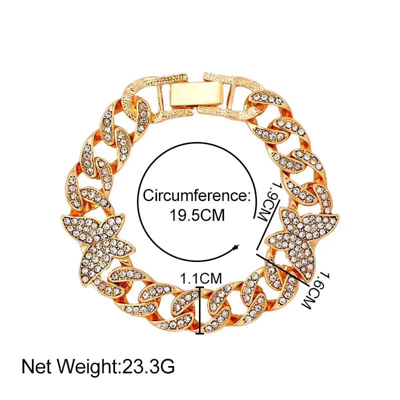

Flatfoosie New Hip Hop Iced Out Cuban Link Butterfly Bracelet for Women Gold Silver Color Rhinestone Bracelet Fashion Jewelry