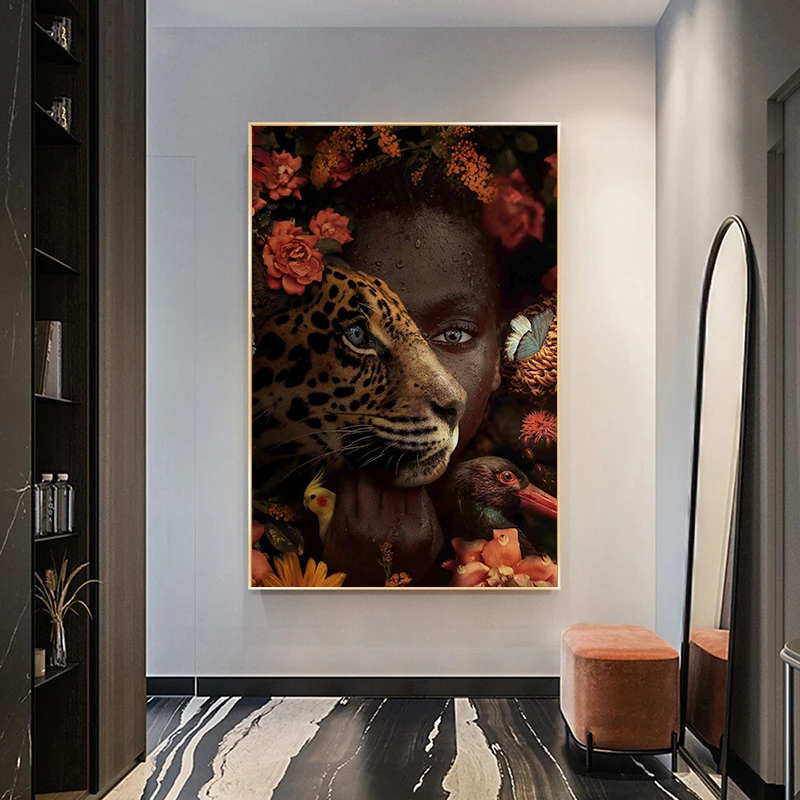 

African Black Woman With Animals Tiger Wall Art Print Canvas Painting Nordic Poster Picture for Living Room Modern Home Decor