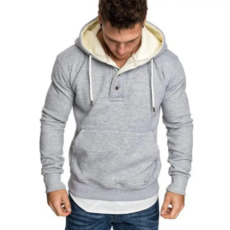 

2021 Spring And Autumn Solid Color Hoodie Men's Simple Casual Sports Pullover Neckline Button Decoration Hooded Fleece Sweater