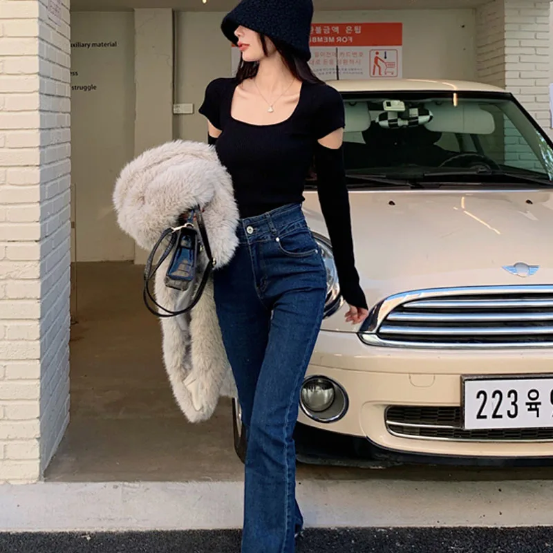 

Новинка Осень-зима 2021 женский дизайнерский Универсальный однотонный Вязаный топ с широким U-образным вырезом и рукавами «роса»