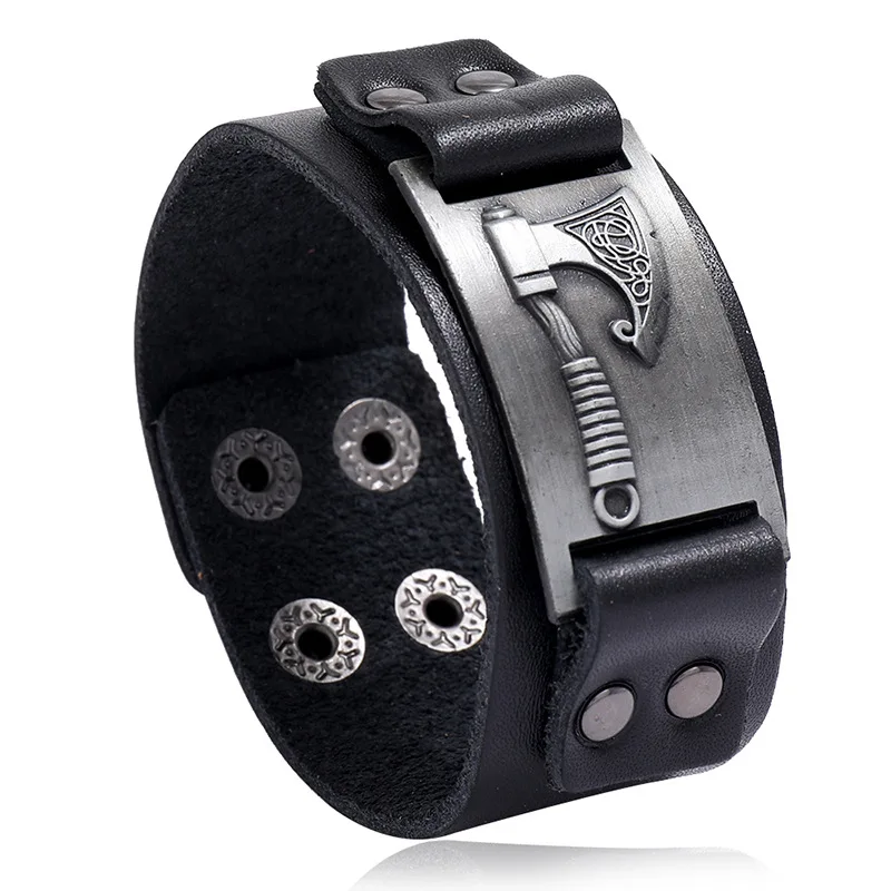 

Nordic rune retro nordic totem, viking ax bracelet, nordic leather wide cuff, nordic armband for men, jewelry