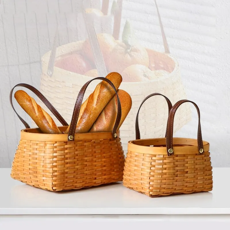 Корзина для хранения японская ручная работа деревянная плетеная Двойная кожаная