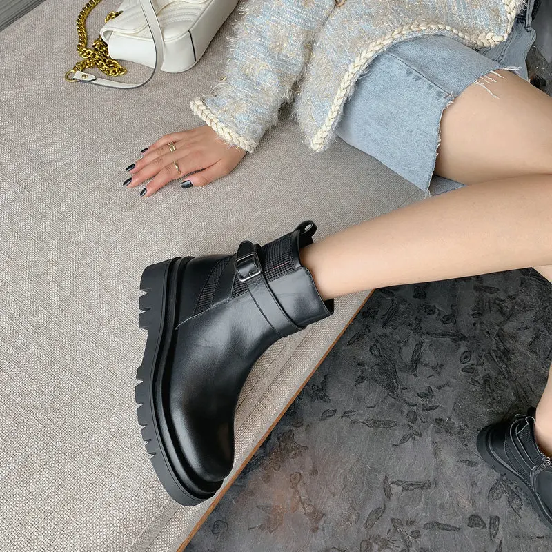 

Genuine Leather Women High Heels Ankle Boots buckle Warm Autumn Short Chelsea Boots Punk Office New Shoes Woman