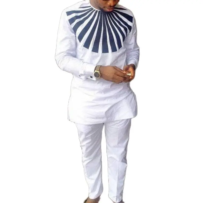 

Men's White Pant Set Full Sleeve Custom Made Plus Size Black Stripes Patchwork Tops+Trousers For African Party DropShipping