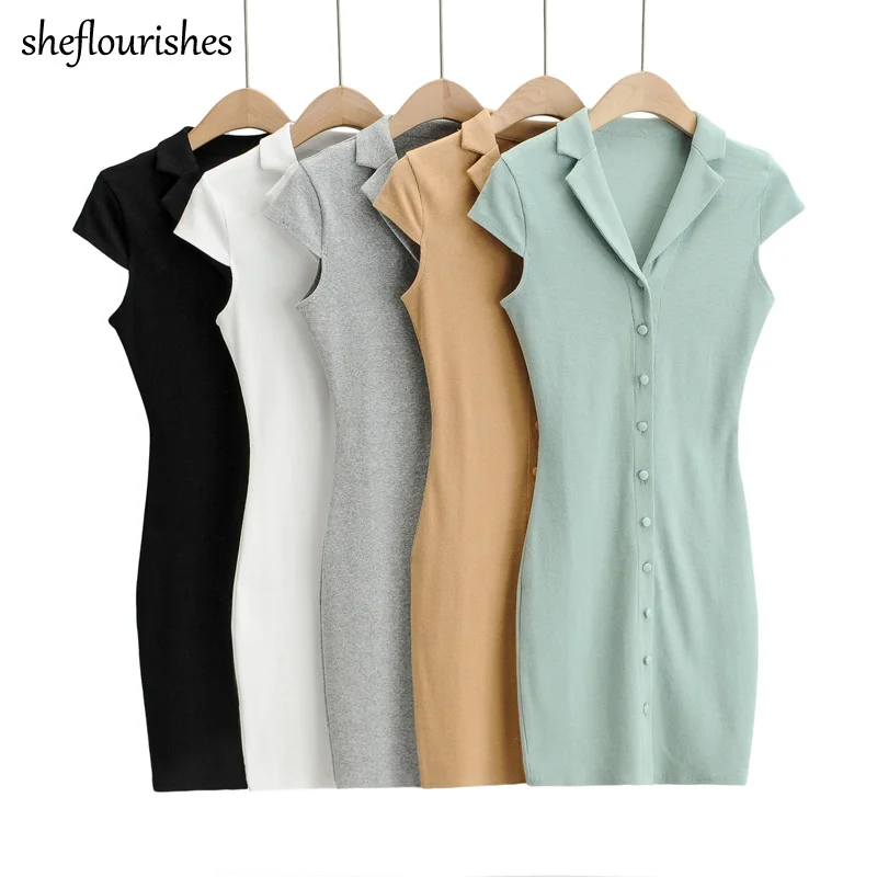 

2021 Summer dress women elegant dresses solid short sleeve dress notched sexy mini dresses knitted single breasted dress white
