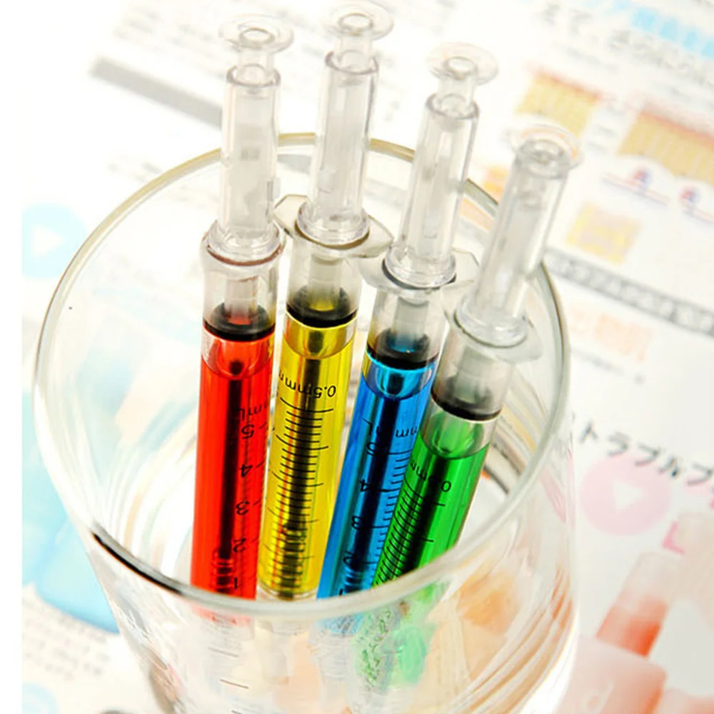 

12pcs Needle Tube Writing Point Syringe Flowing Liquid Black Ink Ballpoint Pen Stationery Office Supplies(4-color Mixed)