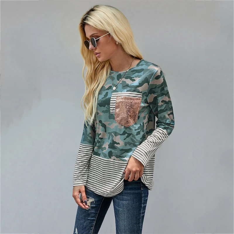 

Womens Long Sleeve Crew Neck Shirts Color Block Striped Printed Pullover Tunic Tops Shiny Sequins Pocket Patchwork Casual BX0A