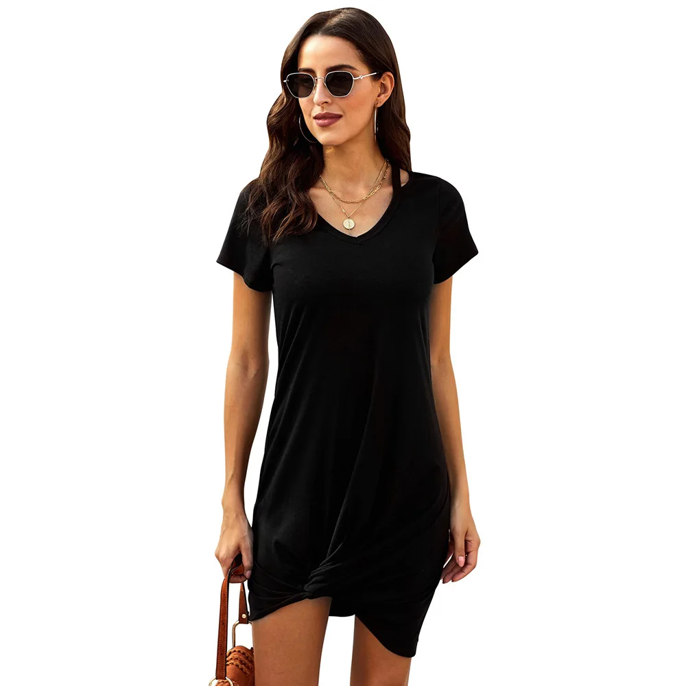 

Women Summer Dress Casual Solid Color Dress Female Ladies V Neck Short Sleeve Draped Mini Dress Woman Streetwear Dress Pullover