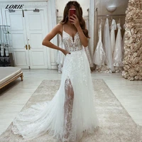 lorie sexy glitter lace side slit wedding dresses spaghetti straps sleeveless v neck appliques boho bridal gowns robe de mari%c3%a9e