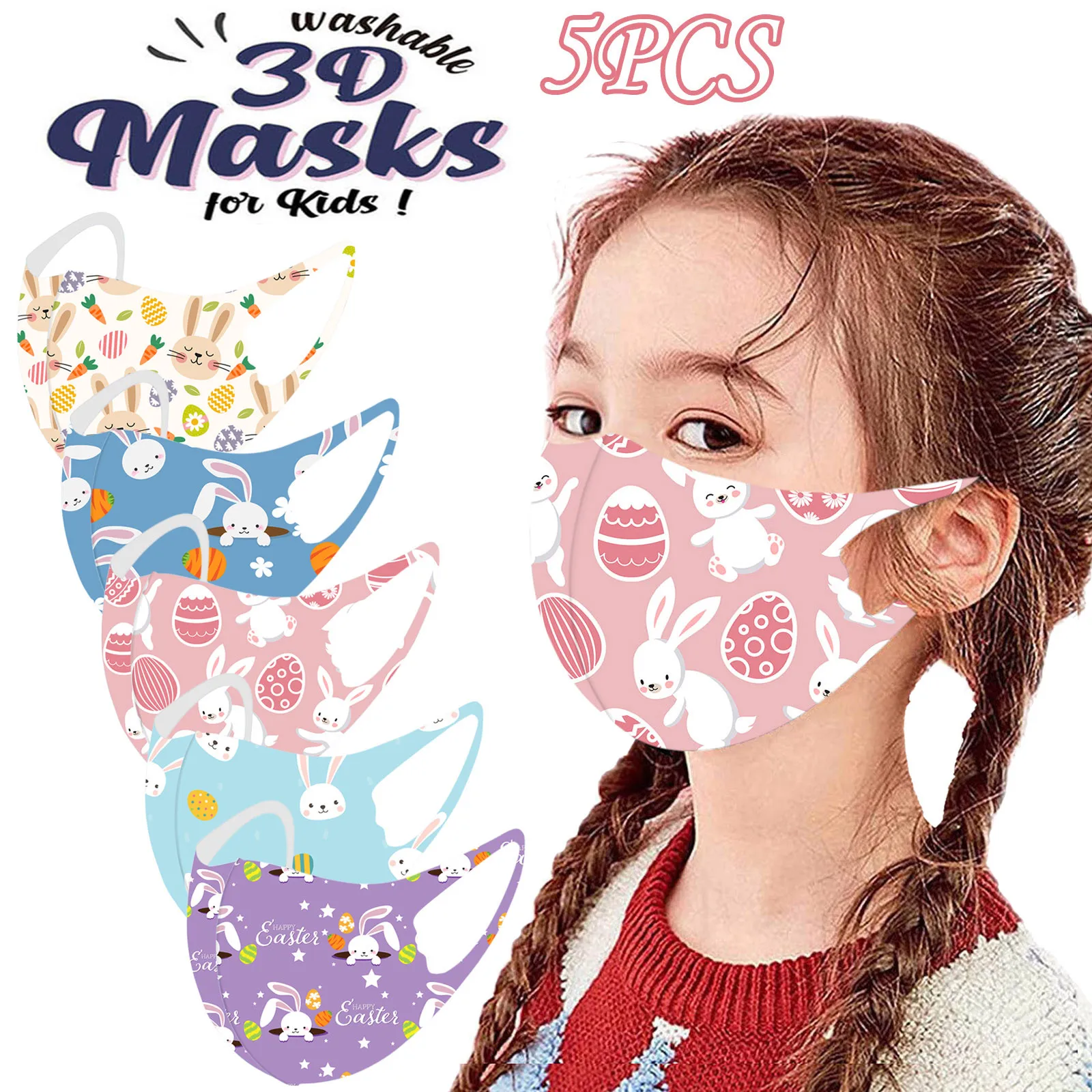 

5pc Kids Easter Bunny Print Mouth Mask Christmas Cartoon Face Covering For Protective Kids Xmas Anti-pm2.5 Washable Mouth-muffle