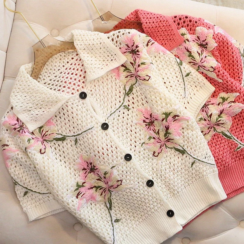 

Women Crop Top Designer Turn Down Collar Button Up Short Sleeve Knitted Shirt Hollow Floral Embroidery Crocheted Cardigan