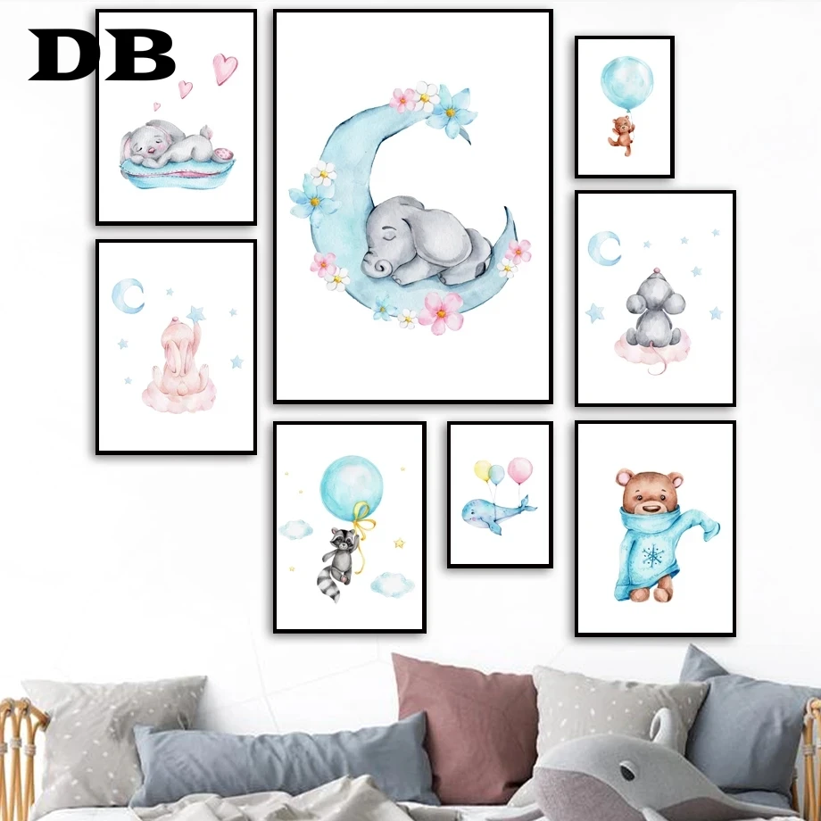

Elephant Rabbit Bear Balloon Moon Jungle Safari Wall Art Print Canvas Painting Nordic Poster Wall Pictures Baby Girl Room Decor