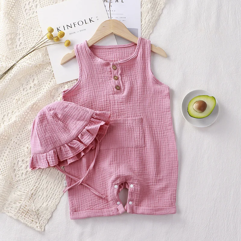 

0-24M 3 Colors Newborn Clothes Summer Cute Baby Girls Boys Rompers Solid Sleeveless Elastic Waist Jumpsuits with Hat